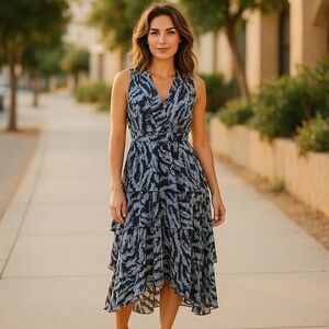 ASHRO Elegant Gray & Black Animal Print Halter Top Tie Back Tier Maxi Dress 10